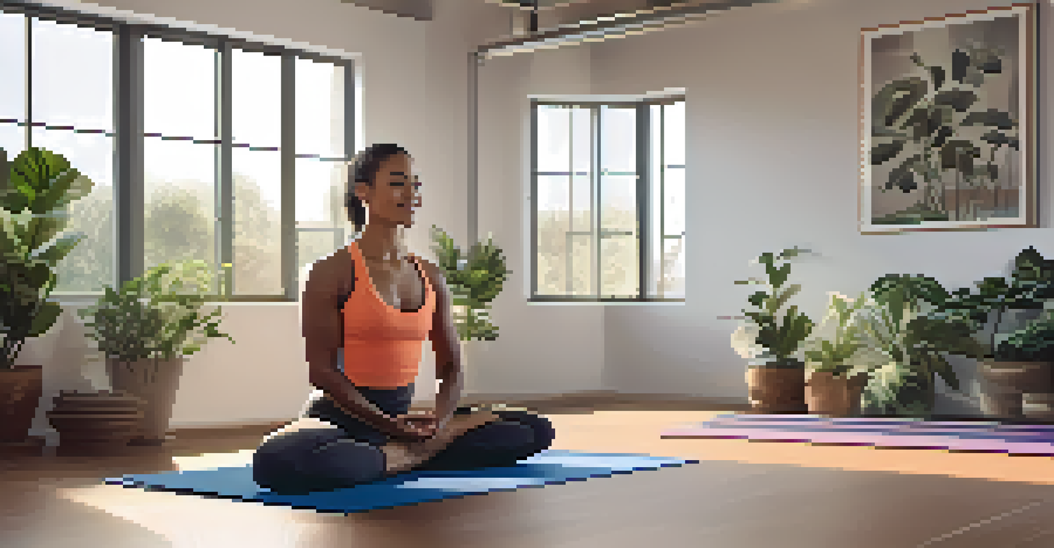 An athlete practicing visualization in a calm room, seated on a yoga mat with eyes closed, surrounded by plants and soft lighting.