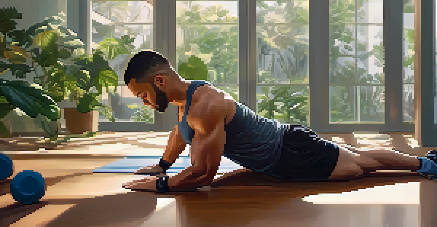 A powerlifter practicing the pigeon pose in a peaceful gym corner, surrounded by plants and soft lighting.