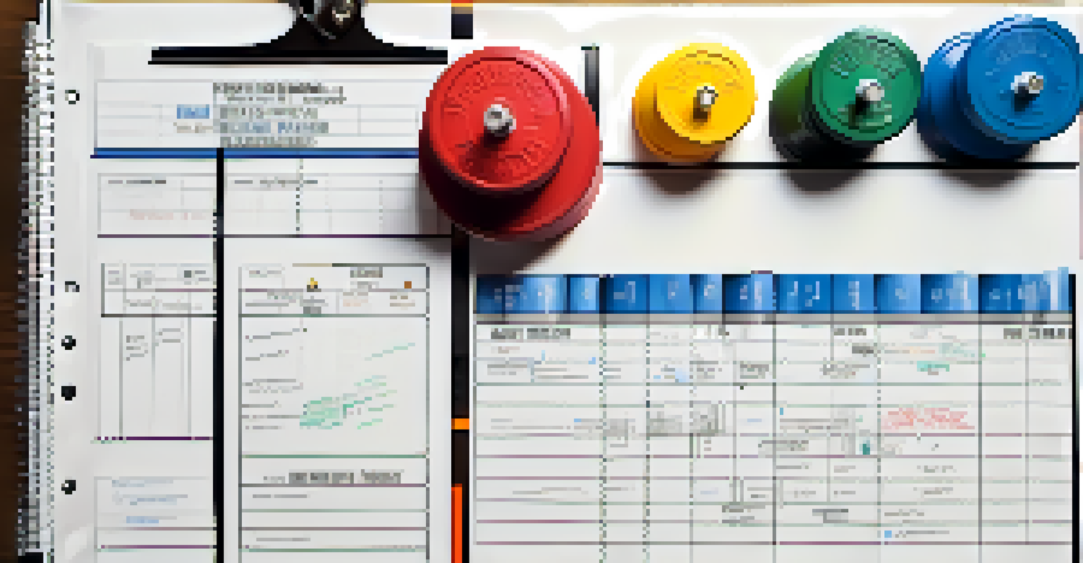 An overhead view of a training schedule on a clipboard in a well-organized gym with weights and a water bottle.