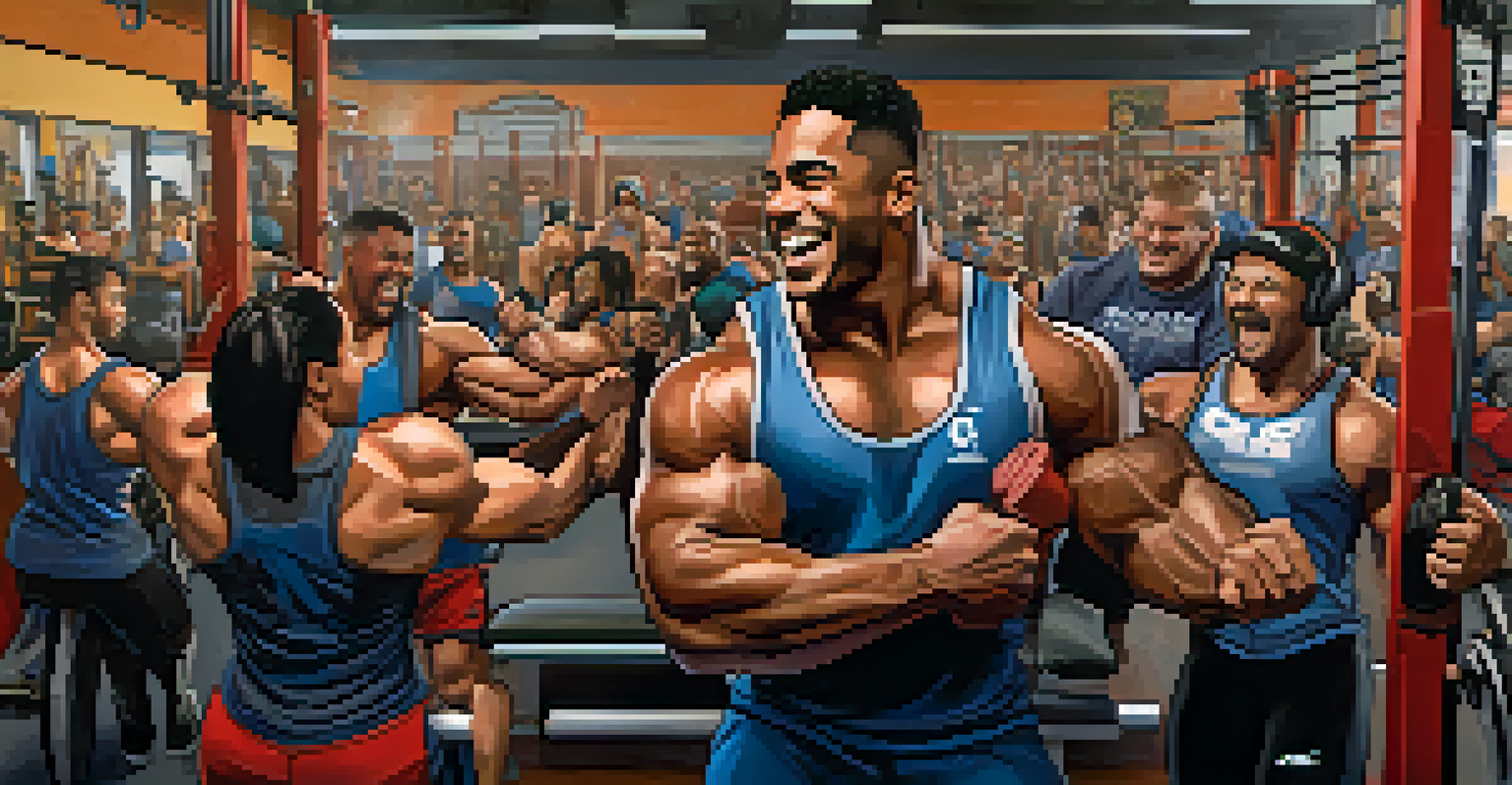 A diverse group of powerlifters celebrating a personal best in a gym, smiling and high-fiving each other.