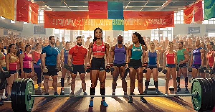 A female powerlifter lifting weights with teammates cheering in a well-lit gym, showcasing community spirit.