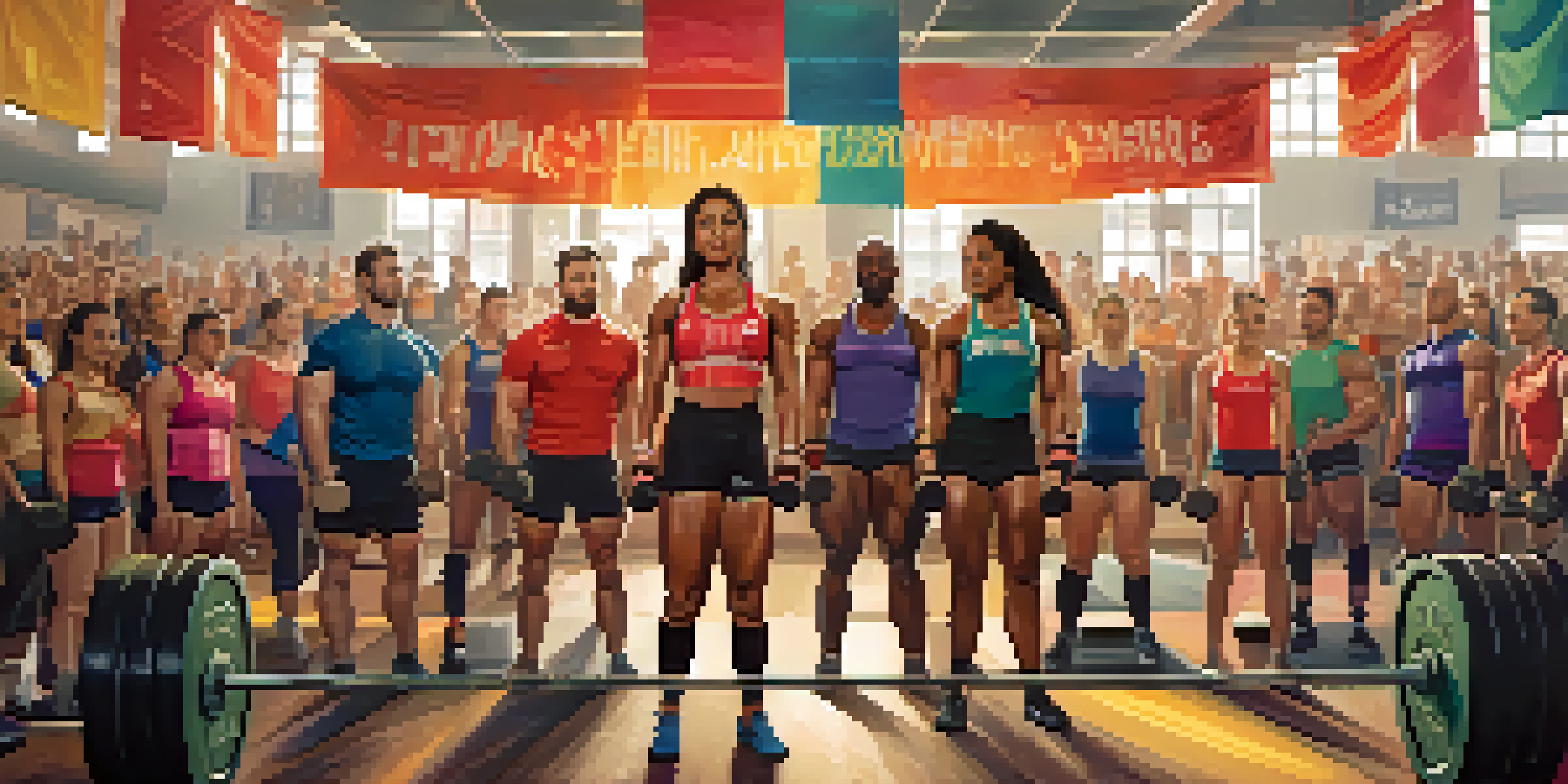 A female powerlifter lifting weights with teammates cheering in a well-lit gym, showcasing community spirit.