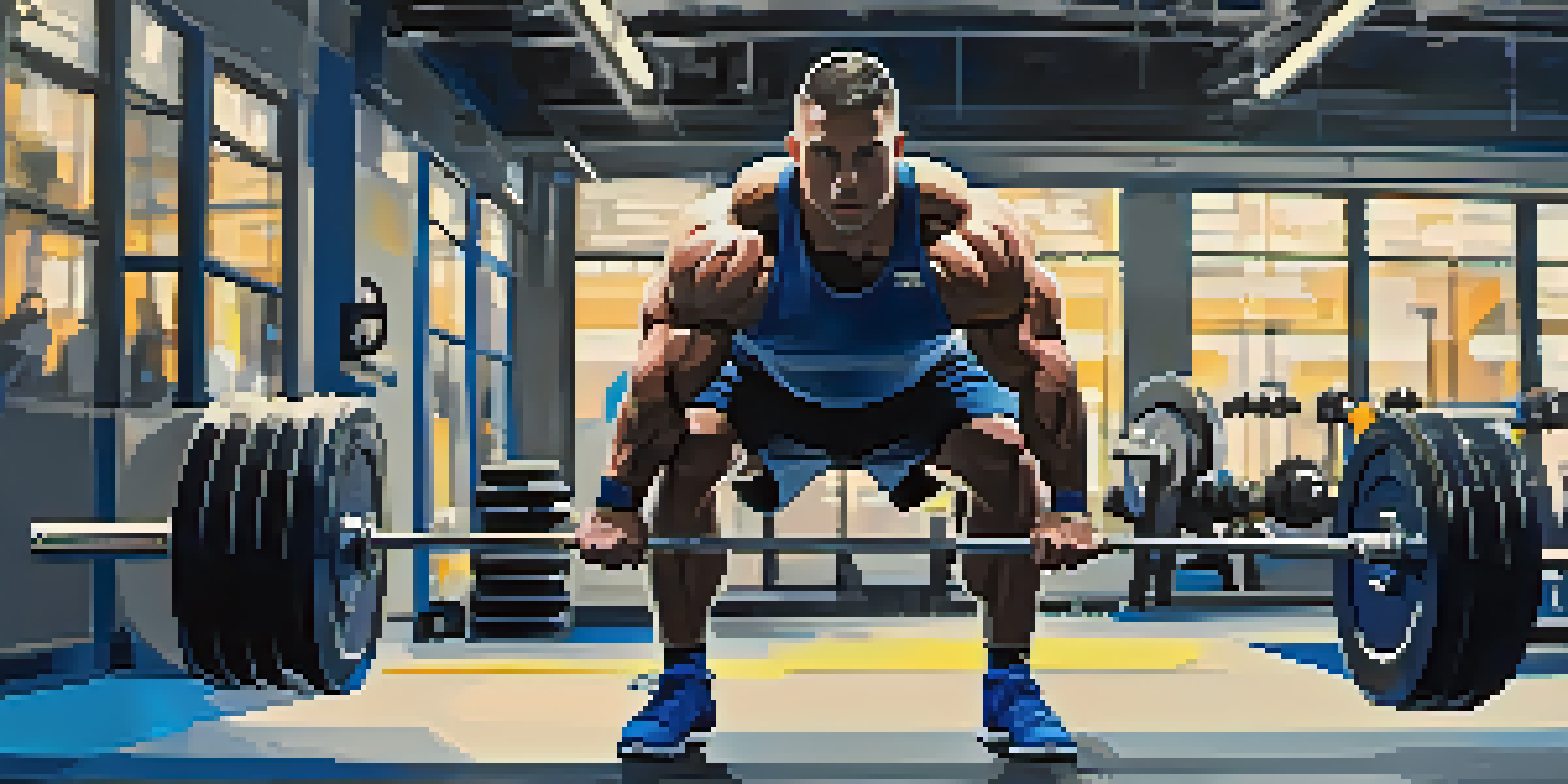 A powerlifter lifting a heavy barbell in a gym, showing determination and focus.