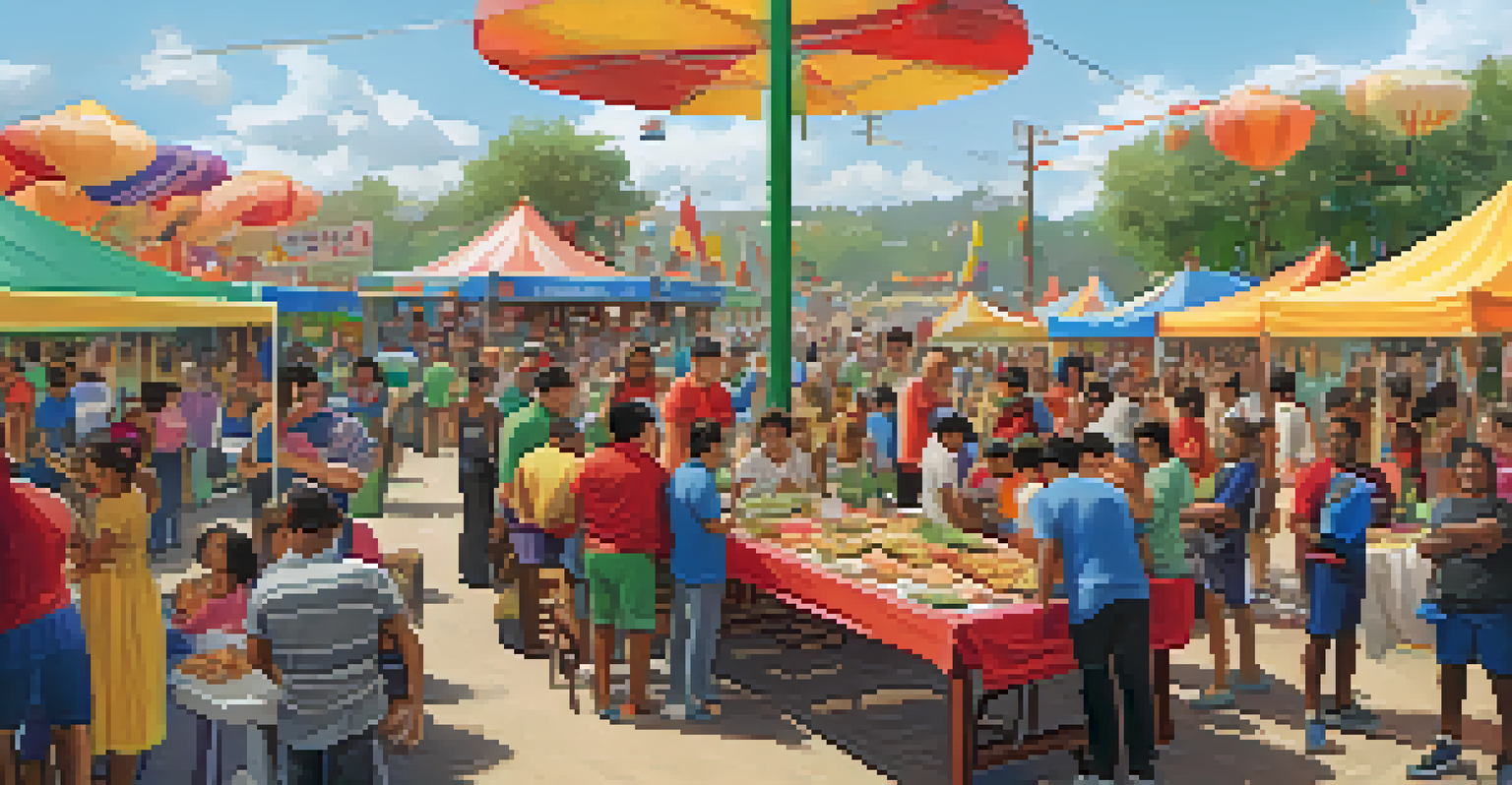 A community gathering at a powerlifting event, with families, food stalls, and volunteers creating a lively and inclusive atmosphere.