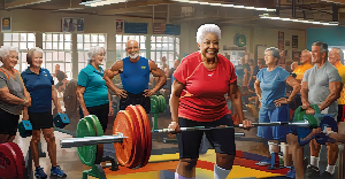 Older adults lifting weights in a bright gym, showcasing determination and community spirit.