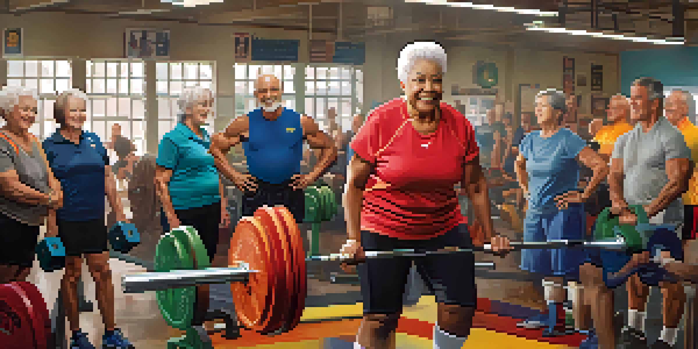 Older adults lifting weights in a bright gym, showcasing determination and community spirit.
