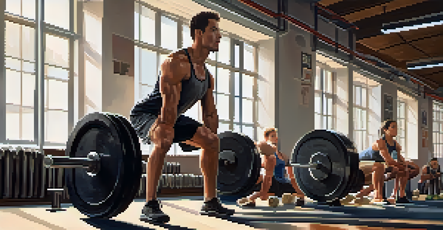 A coach assisting a novice lifter with squat technique in a well-lit gym, emphasizing guidance and learning.