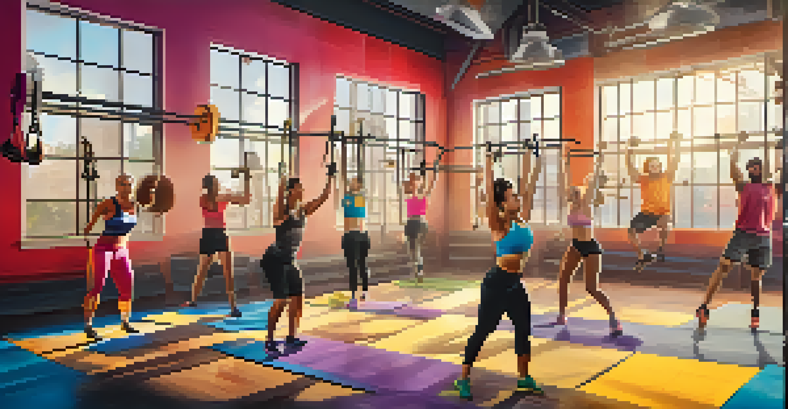 A lively CrossFit class with people doing various exercises in a bright gym.