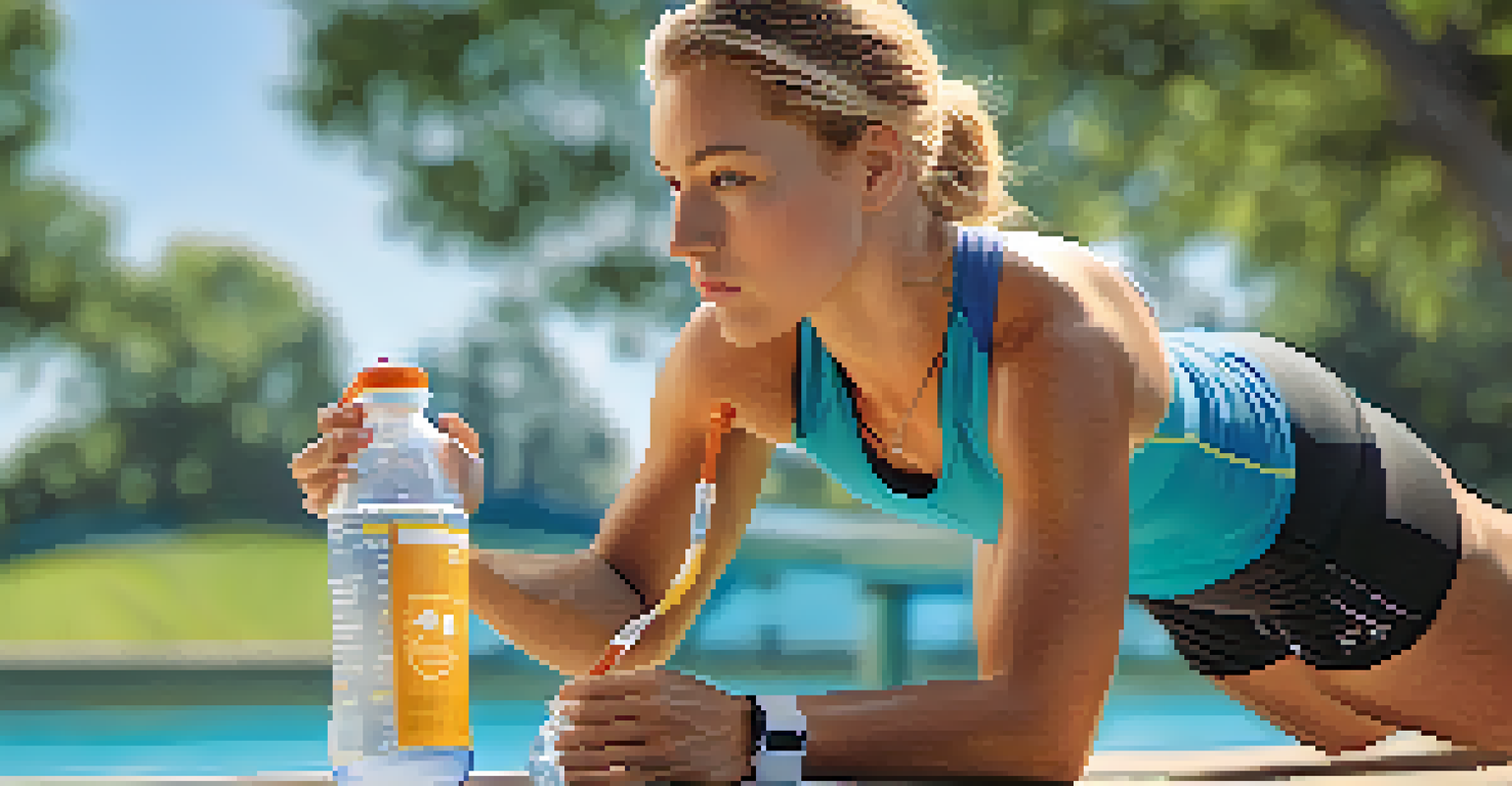 An athlete checking their hydration levels outdoors with a water bottle.