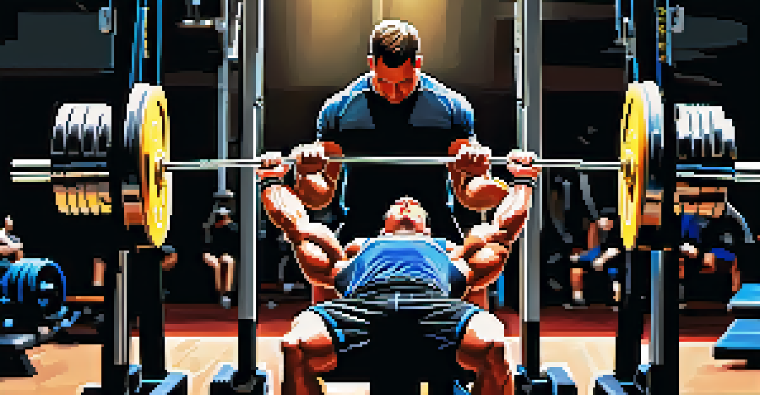 A coach giving guidance to a powerlifter during a bench press, highlighting the importance of technique in a gym environment.
