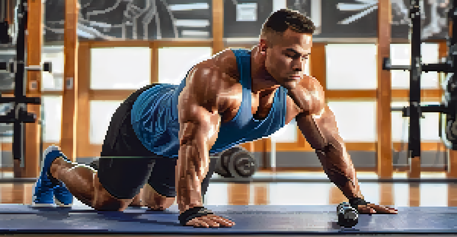 A close-up of a powerlifter doing planks on a yoga mat in a bright gym, showcasing their strength and focus.