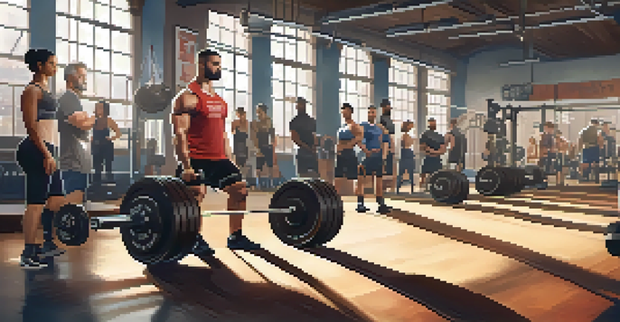A diverse group of individuals lifting weights in a well-lit gym, showcasing determination and focus.