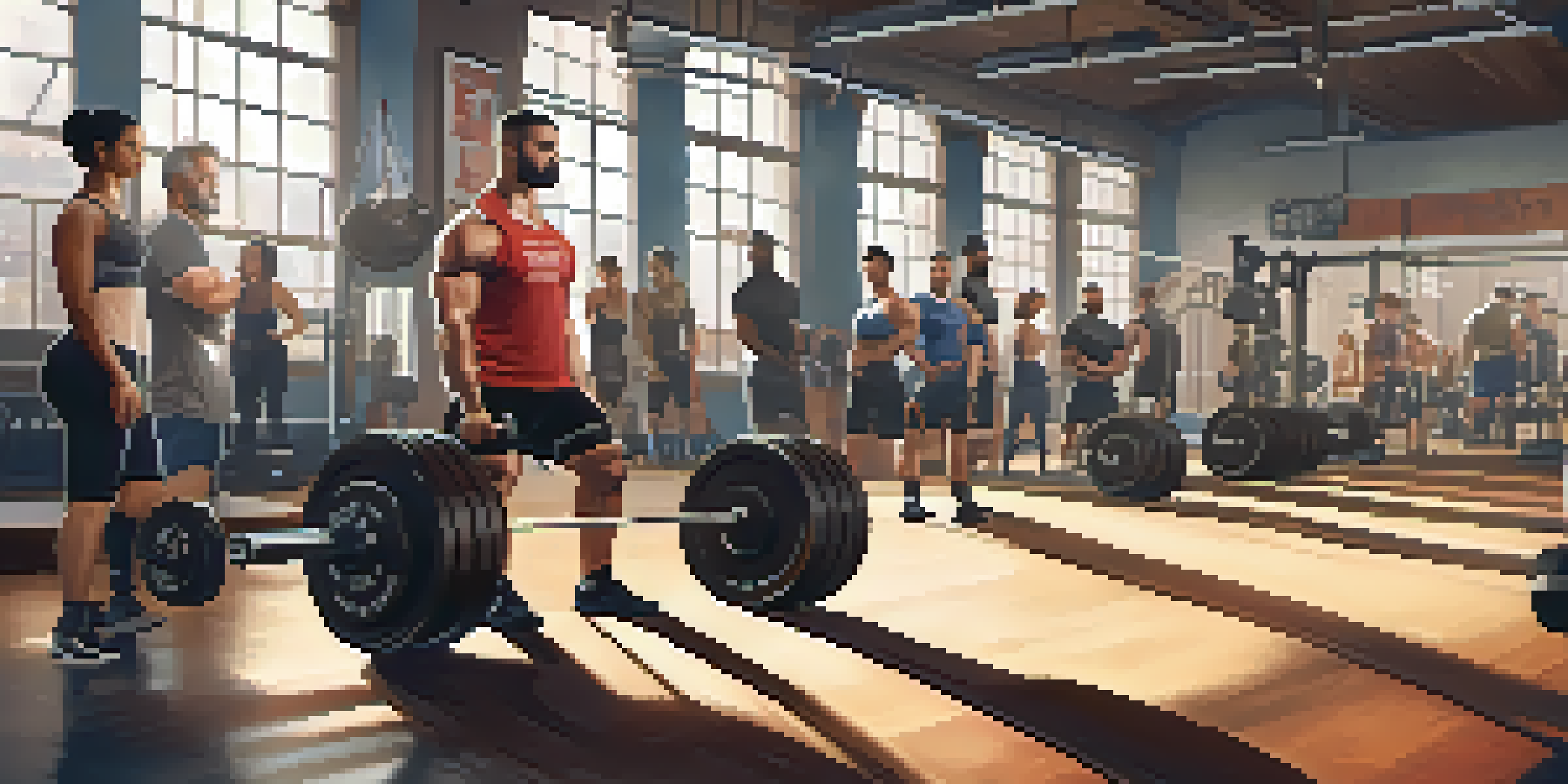 A diverse group of individuals lifting weights in a well-lit gym, showcasing determination and focus.