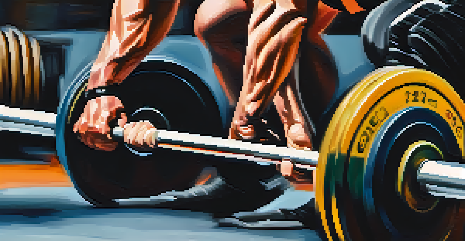 A close-up of a powerlifting athlete's hands gripping a barbell, highlighting the strength and focus in a gym environment.