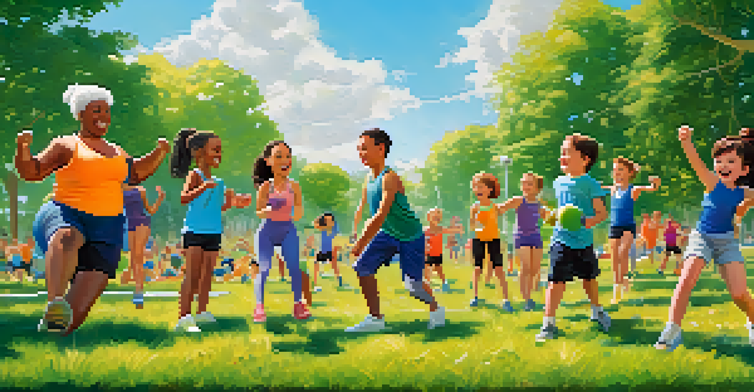 A family enjoying an outdoor workout day, doing exercises together and supporting one another in a sunny park setting.