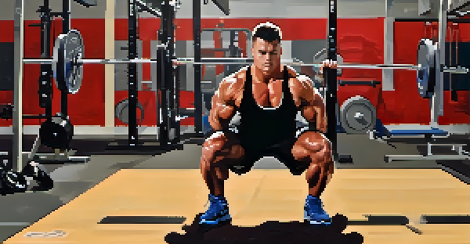 A powerlifter squatting with proper form in a brightly lit gym, showcasing their muscular definition and gym equipment in the background.