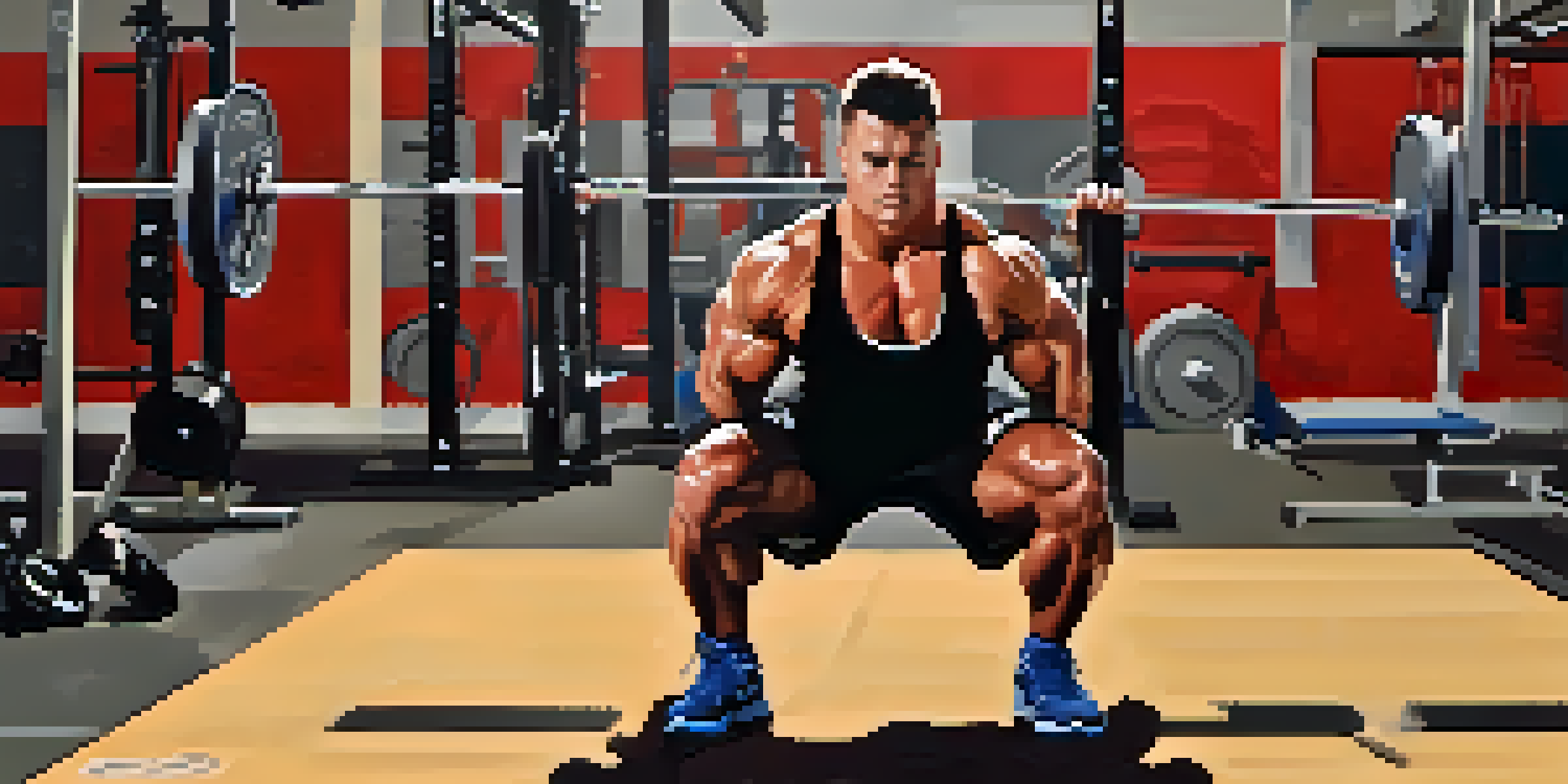 A powerlifter squatting with proper form in a brightly lit gym, showcasing their muscular definition and gym equipment in the background.