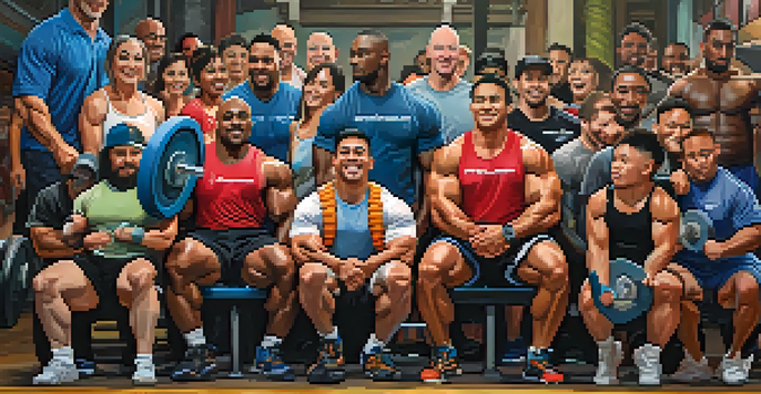 A diverse group of powerlifters in a gym, cheering each other on during a squat, highlighting camaraderie and support.