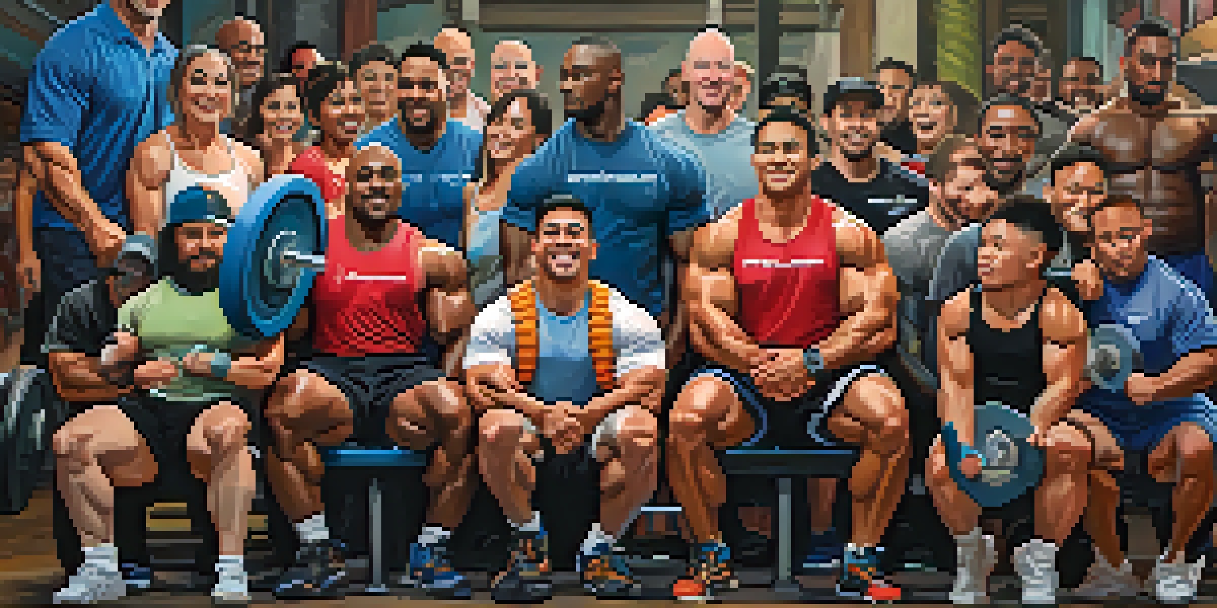 A diverse group of powerlifters in a gym, cheering each other on during a squat, highlighting camaraderie and support.