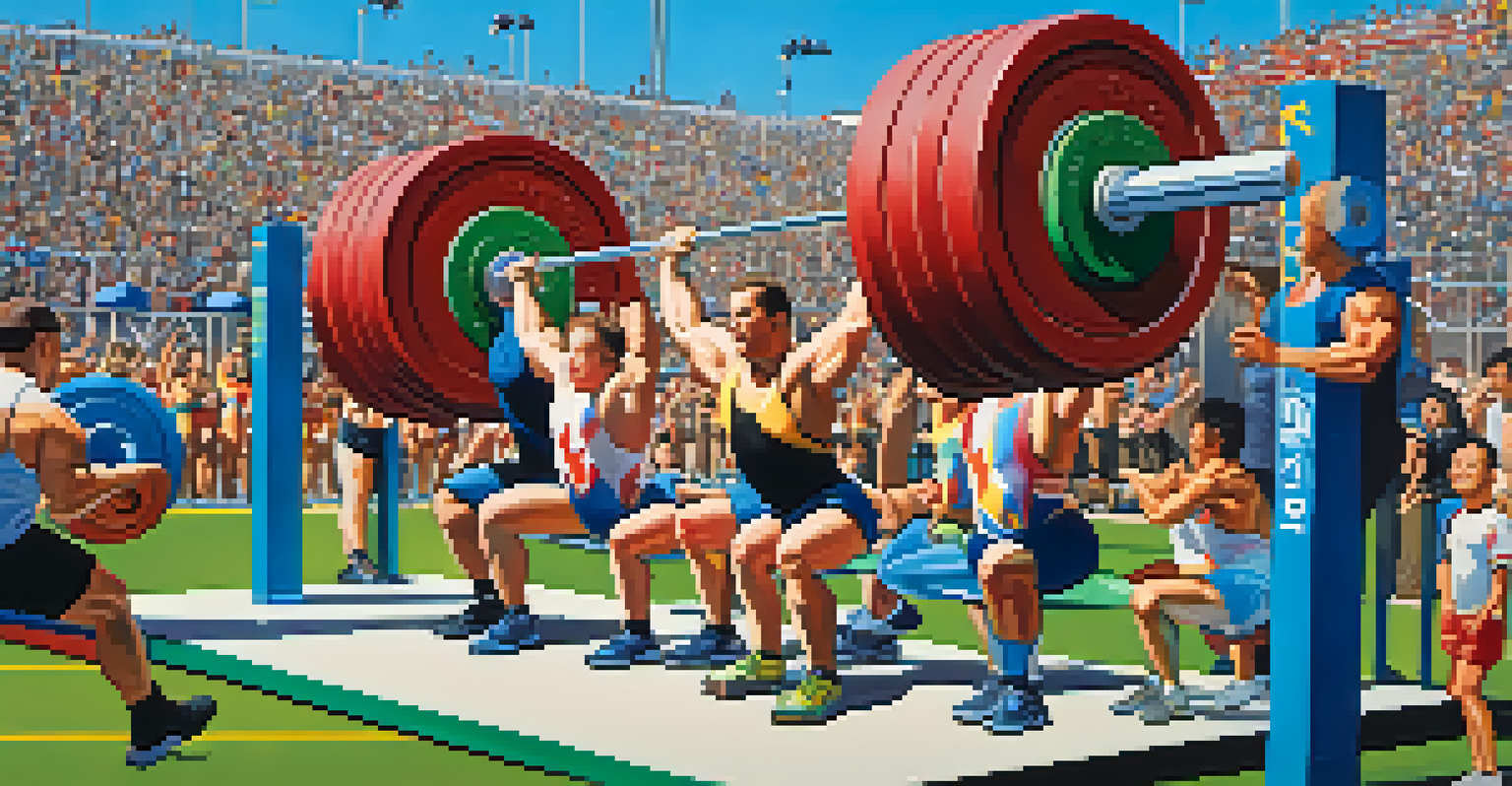 An outdoor powerlifting event with athletes competing and spectators cheering, creating a lively atmosphere.