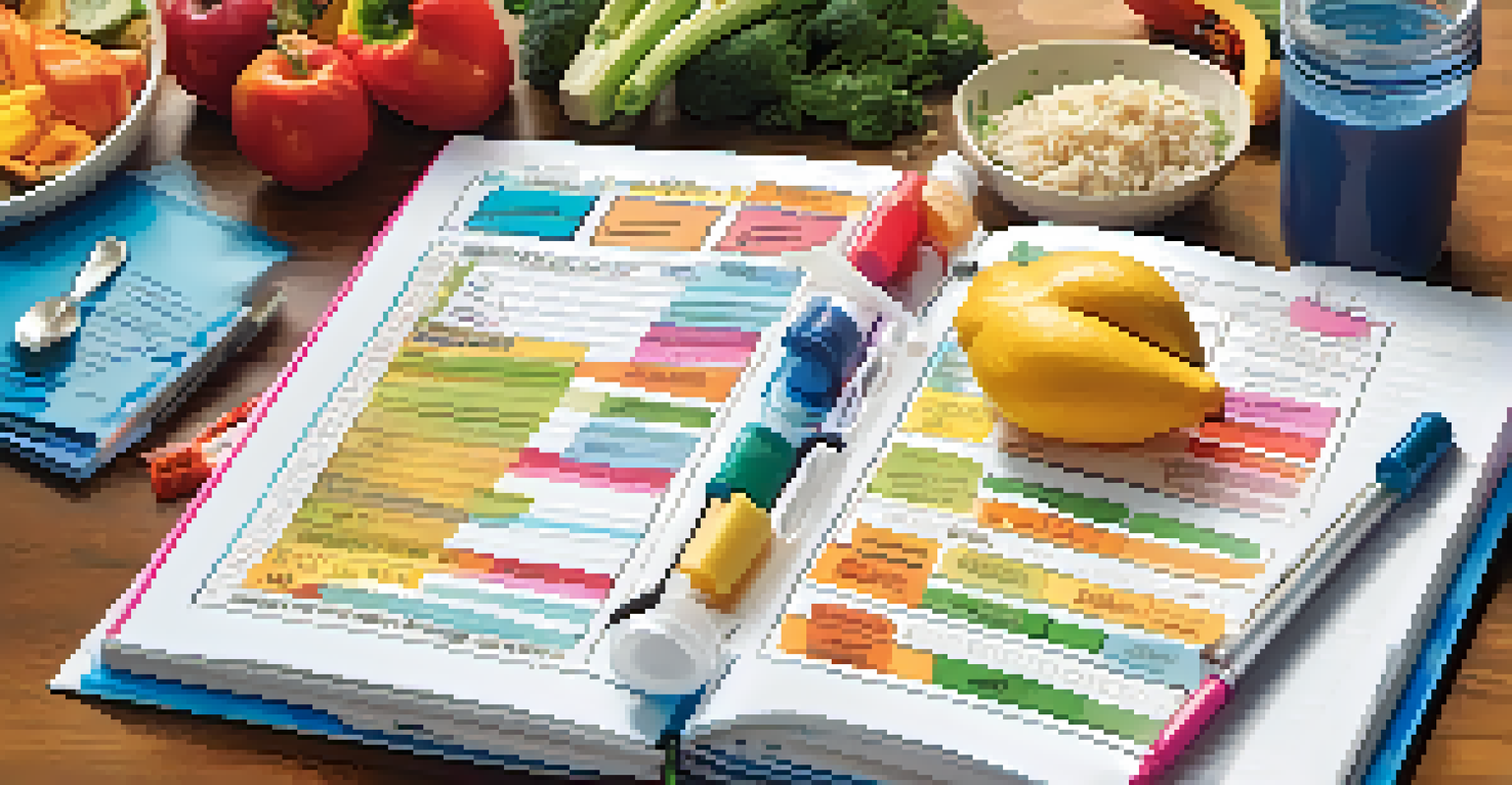 An overhead view of a meal planner with a nutrition strategy for powerlifting, surrounded by measuring cups and a water bottle.