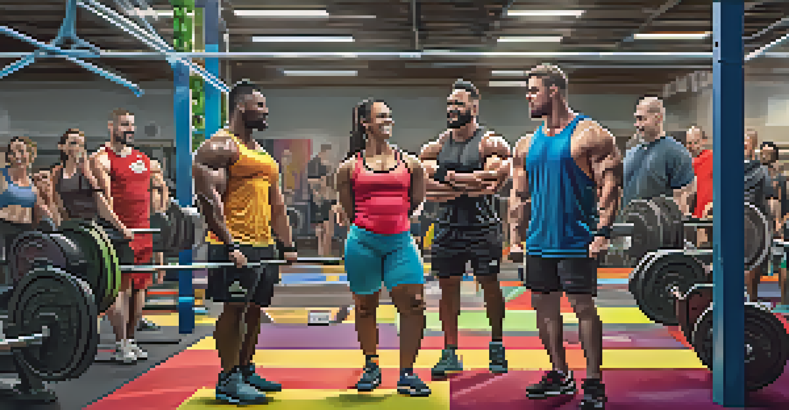 A diverse group of powerlifters training together, smiling and sharing tips in a lively gym environment.