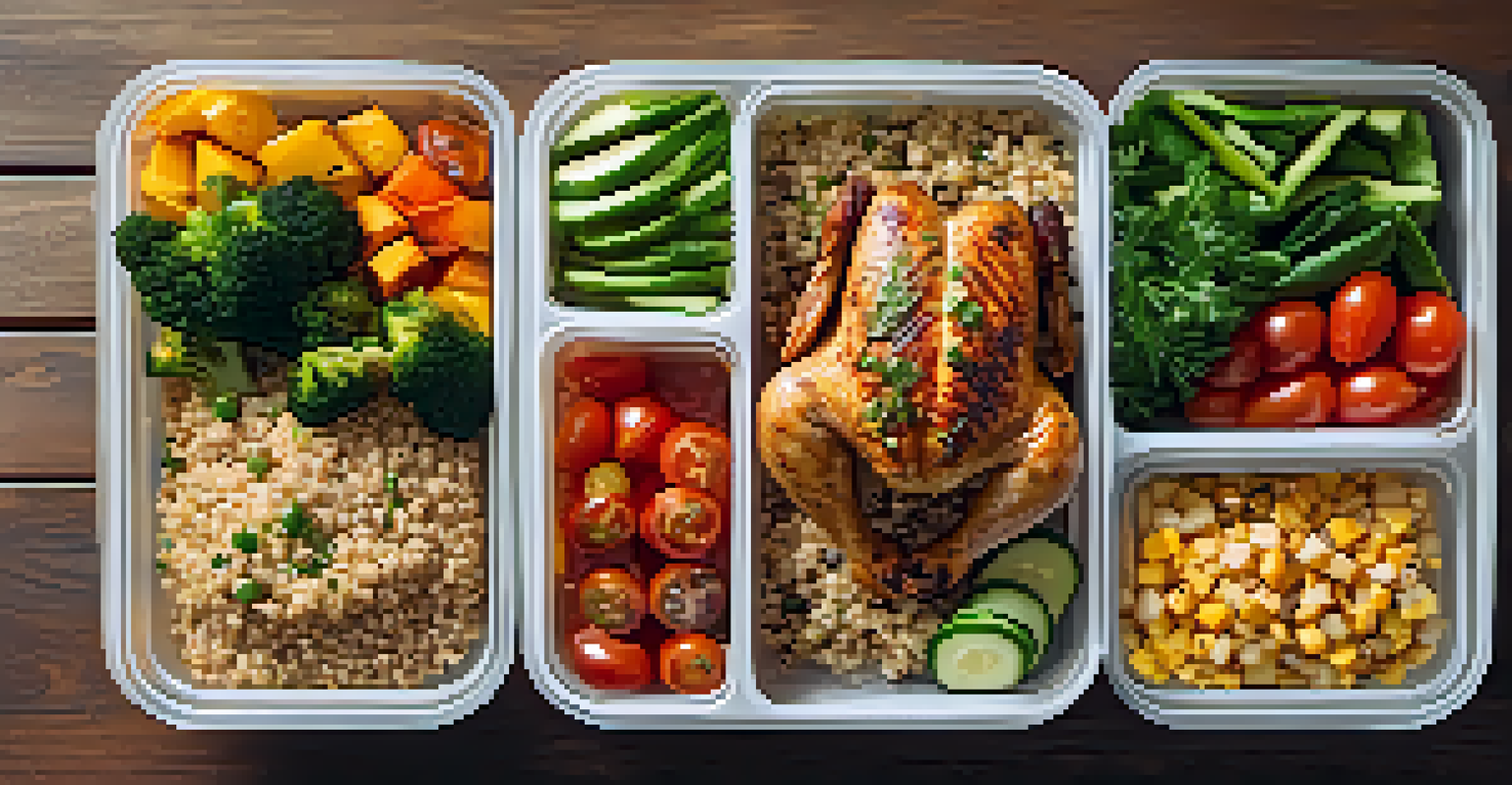 An overhead view of a balanced meal prep with grilled chicken, quinoa, and colorful vegetables on a wooden table.