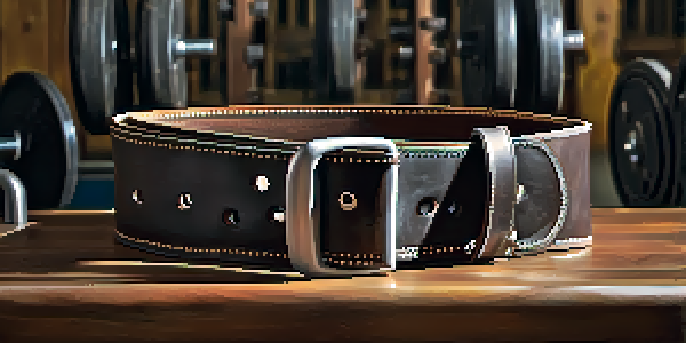 A close-up of a powerlifting belt on a gym bench, with weight plates and a squat rack blurred in the background.