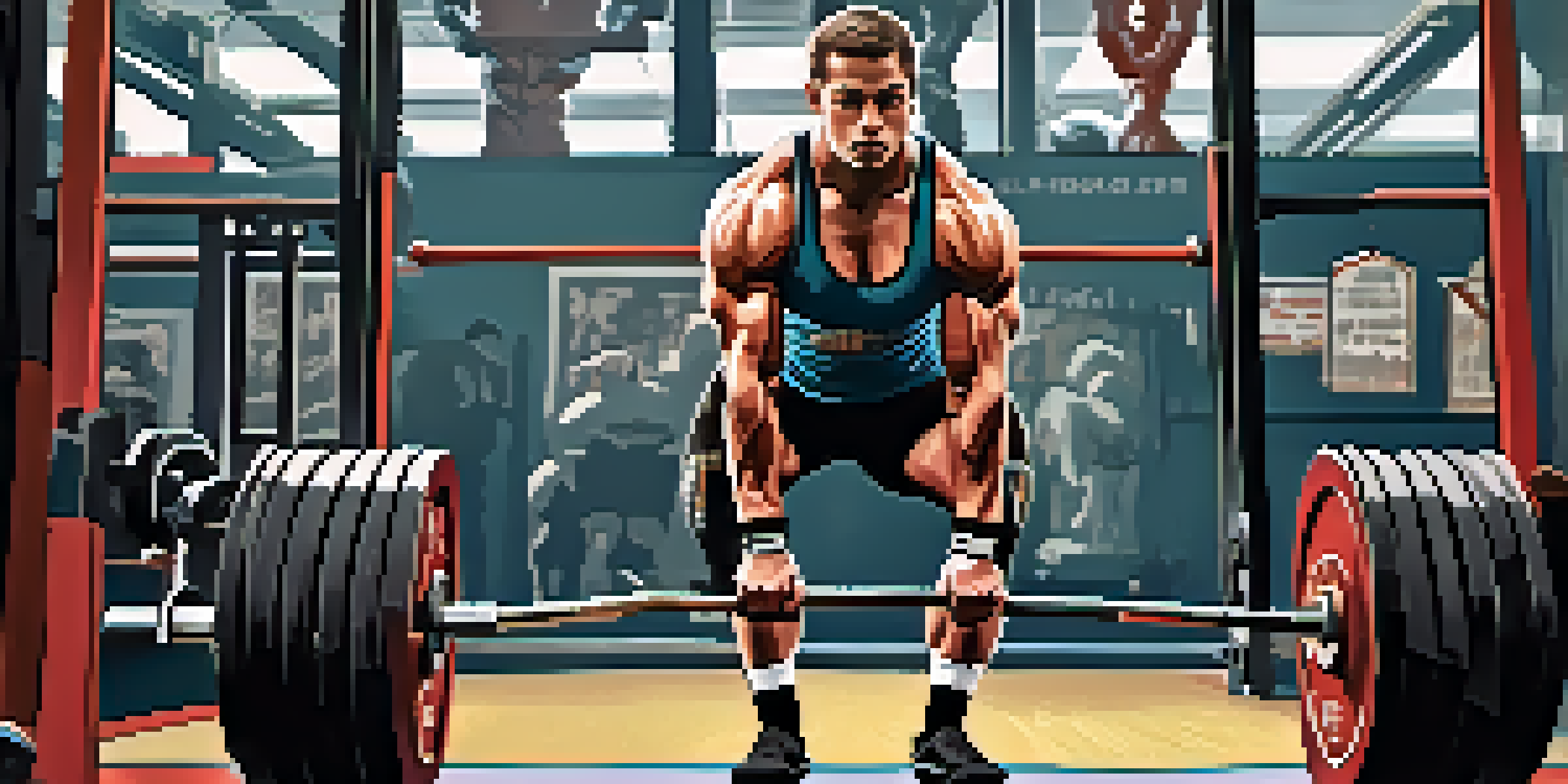 A focused athlete performing a deadlift in a well-lit gym, surrounded by weights and motivational posters.
