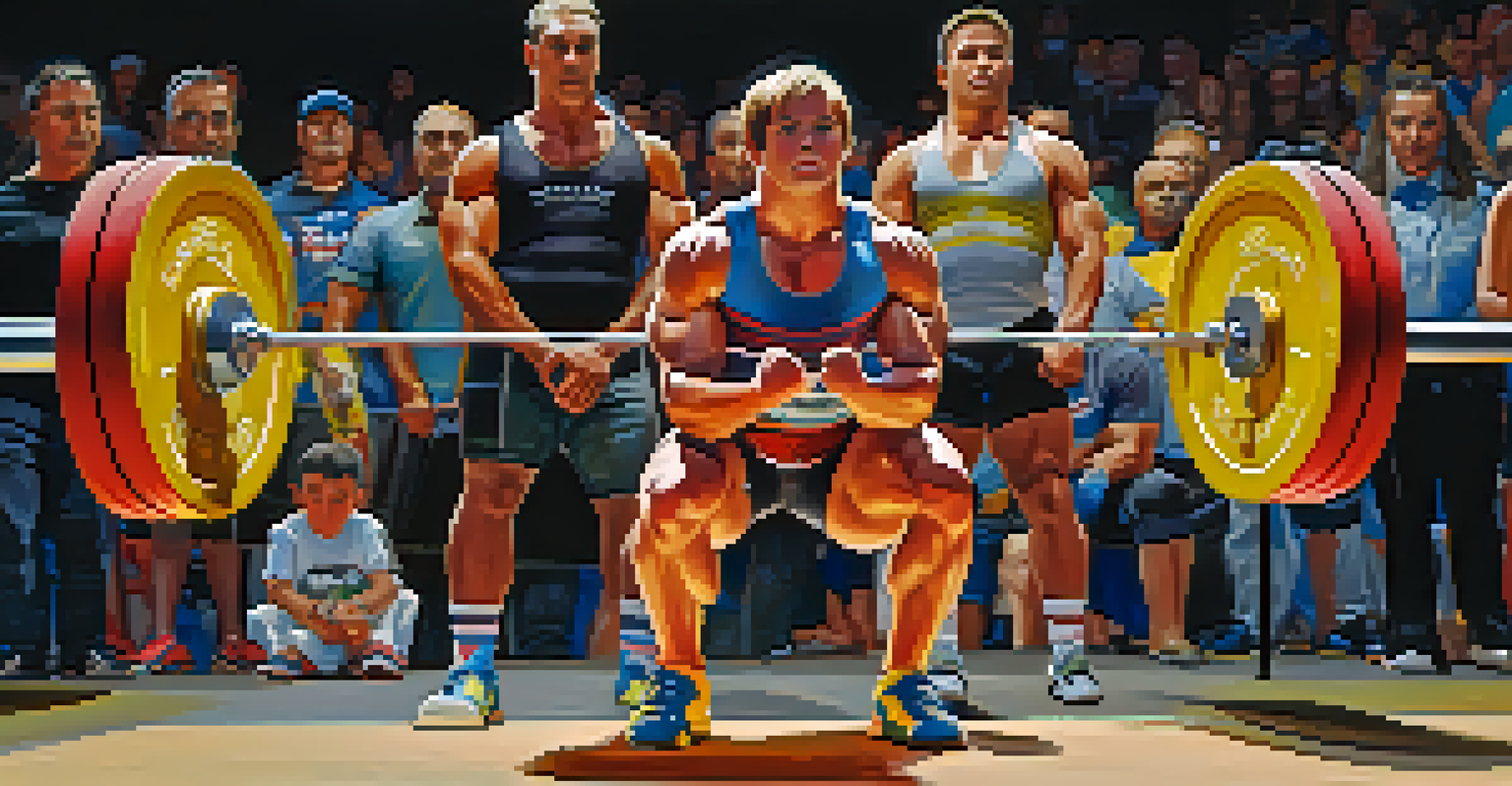 A close-up of a powerlifter preparing to squat with chalked hands and a determined expression, surrounded by judges and an excited crowd.