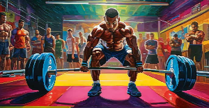 A focused powerlifter performing a deadlift in a colorful gym, surrounded by motivational posters.
