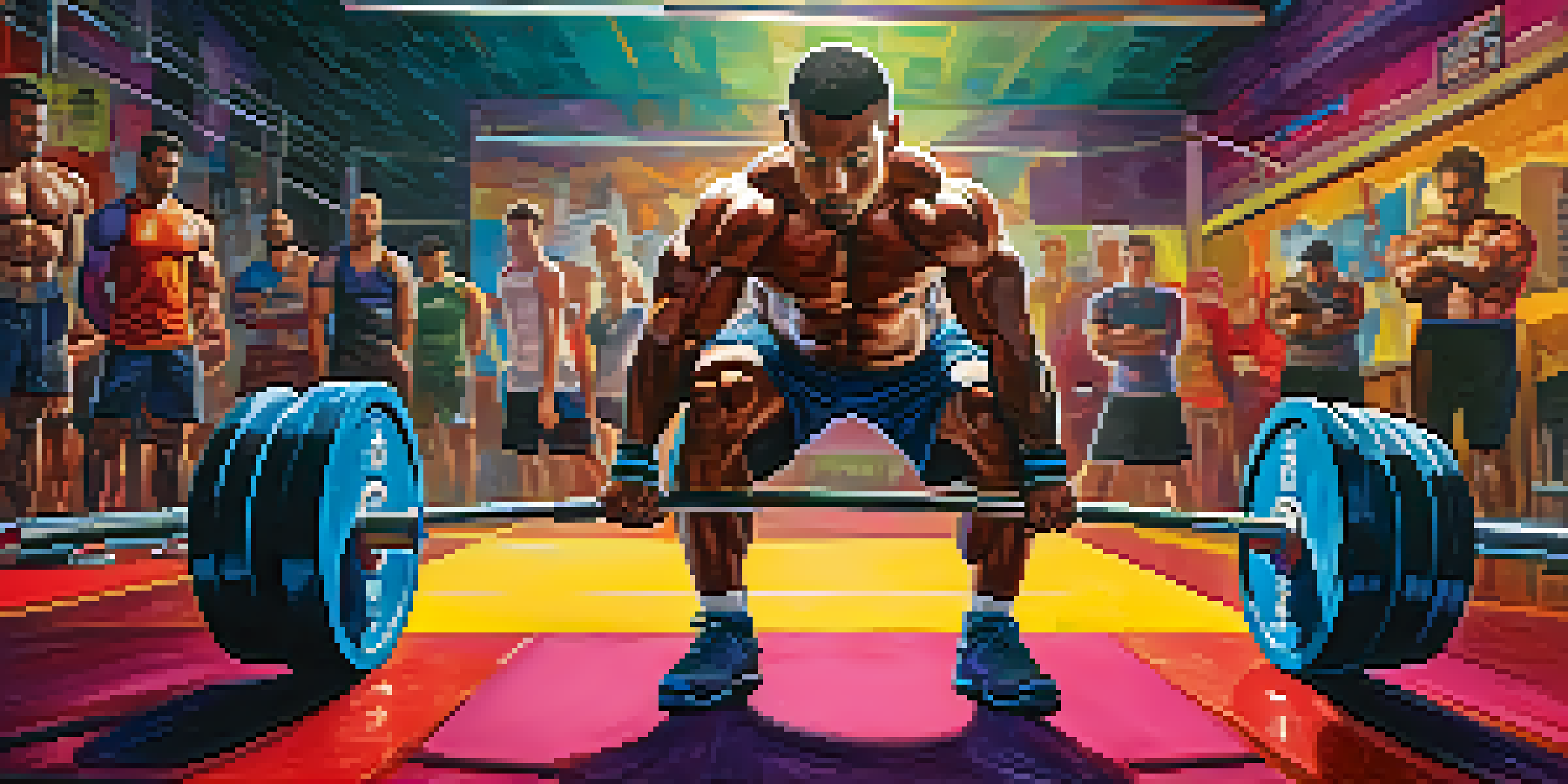 A focused powerlifter performing a deadlift in a colorful gym, surrounded by motivational posters.