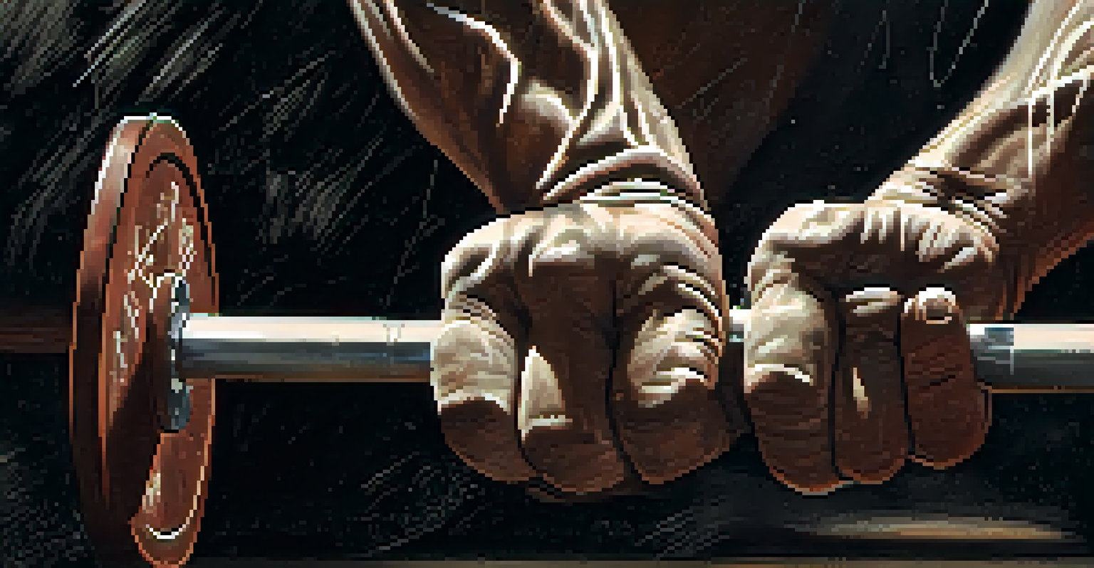 Close-up of a powerlifter's hands gripping a barbell with chalk dust, preparing for a lift.
