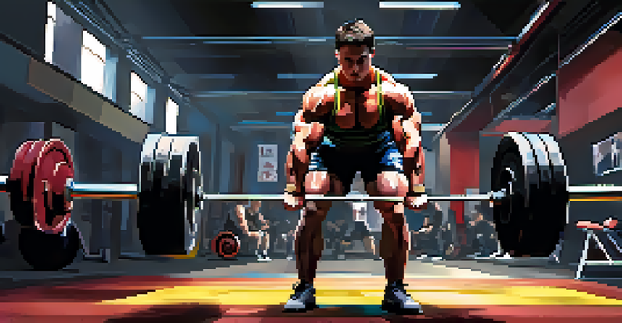 A determined powerlifter performing a heavy deadlift in a vibrant gym, highlighting their muscular build and focused expression.