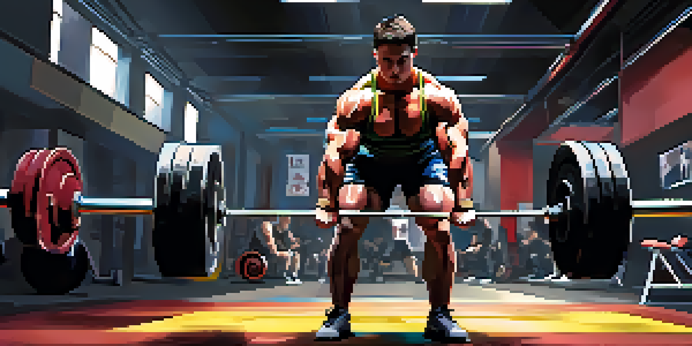 A determined powerlifter performing a heavy deadlift in a vibrant gym, highlighting their muscular build and focused expression.