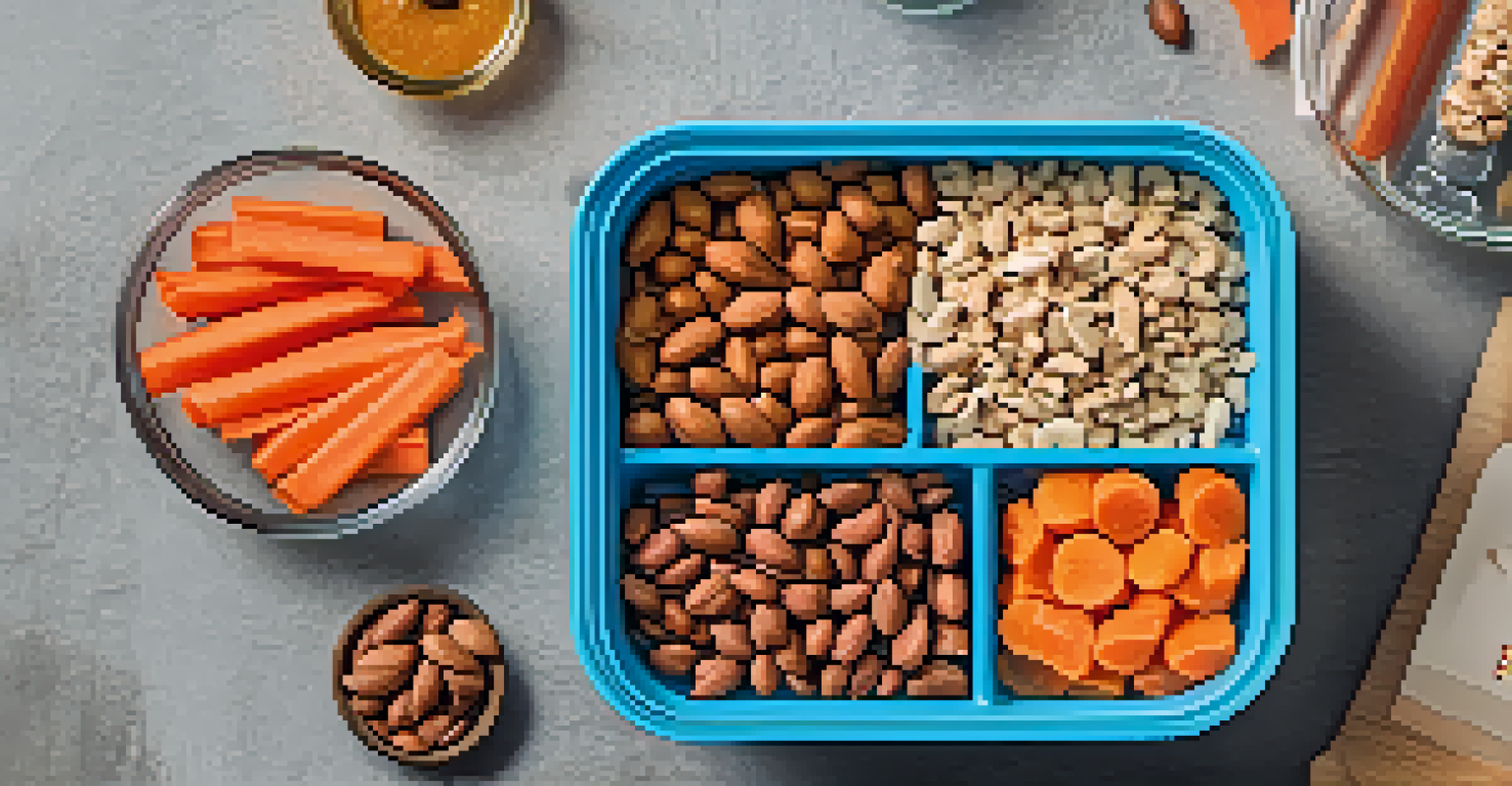 A meal prep container with portioned snacks like nuts, carrot sticks, and protein bars, arranged in an organized layout.