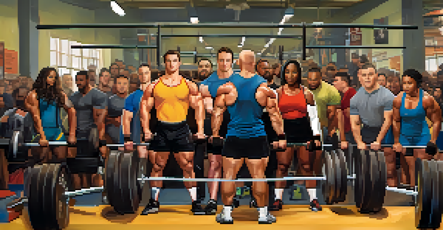 A diverse group of powerlifters working together in a gym, displaying teamwork and support as they lift weights.