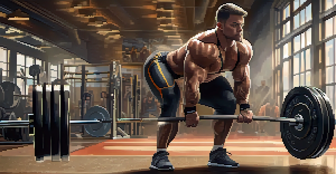 A powerlifter lifting a barbell in a gym, showcasing their muscular physique and determination.