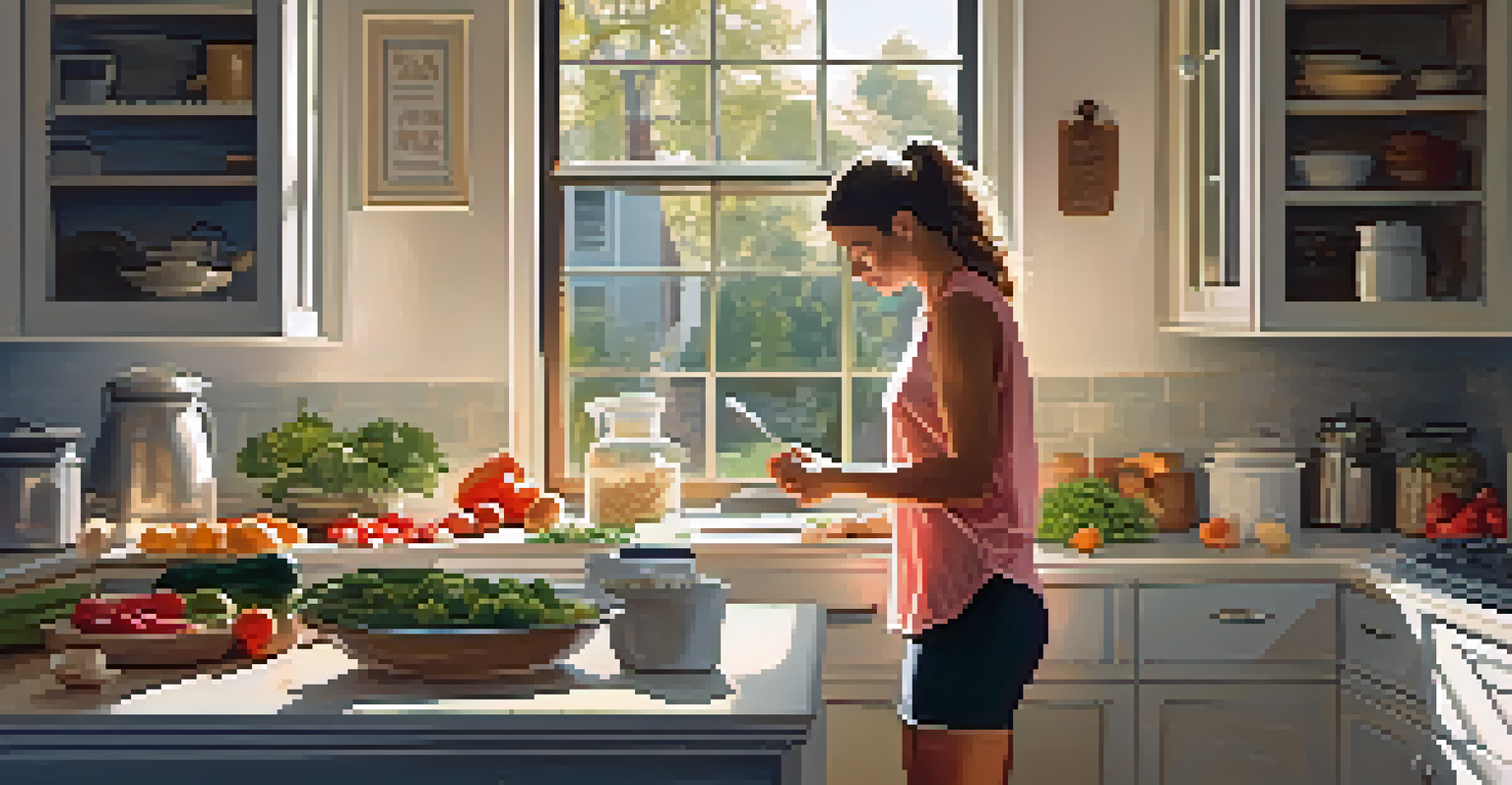 A person in a kitchen preparing a healthy post-workout meal with ingredients such as whole grains, lean meat, and vegetables, illuminated by sunlight.