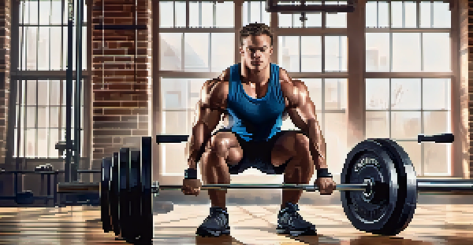 A focused powerlifter lifting a heavy barbell in a well-lit gym, showcasing determination and discipline.
