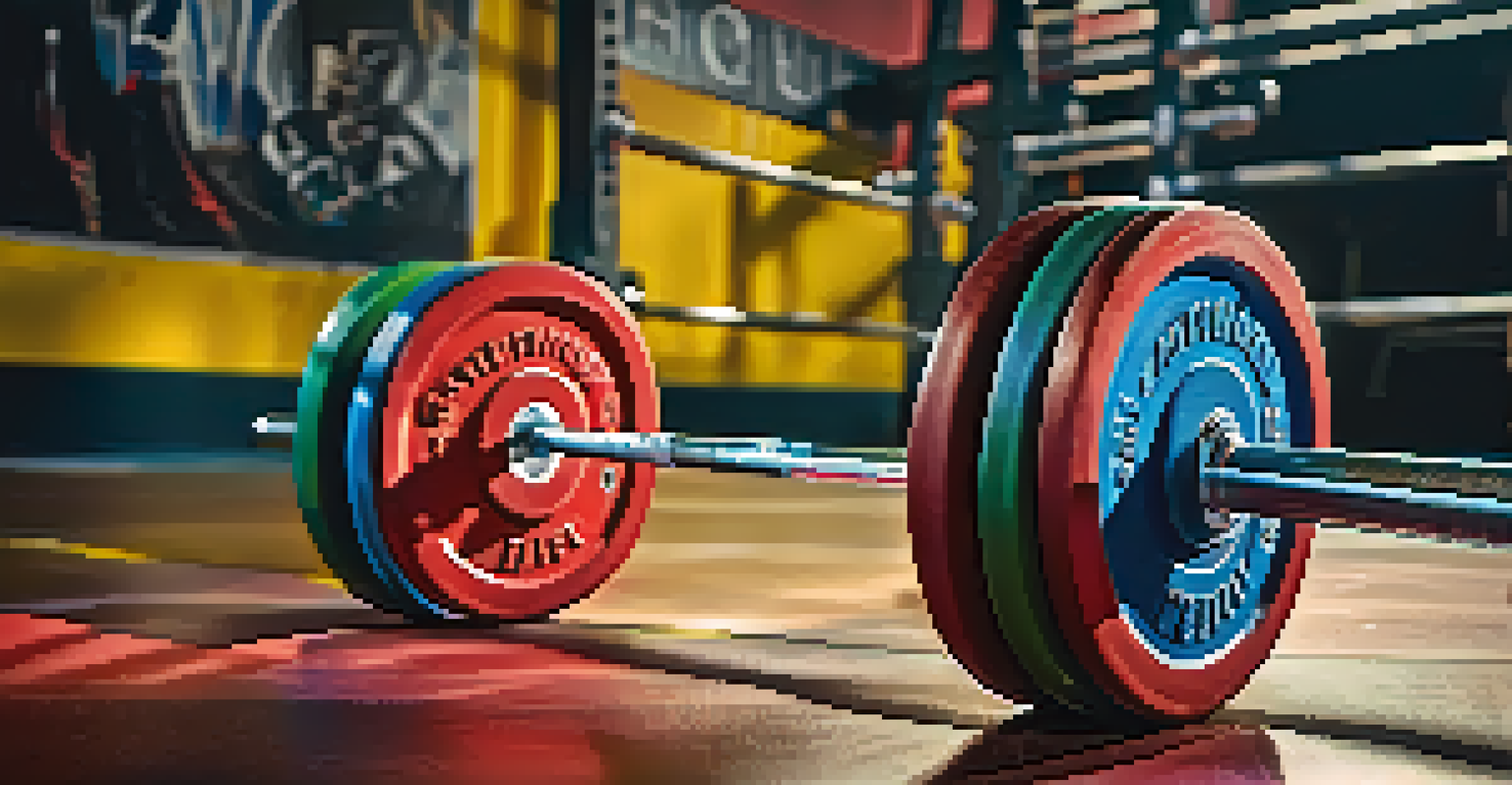A close-up of a barbell with colorful weight plates on a squat rack in a gym.