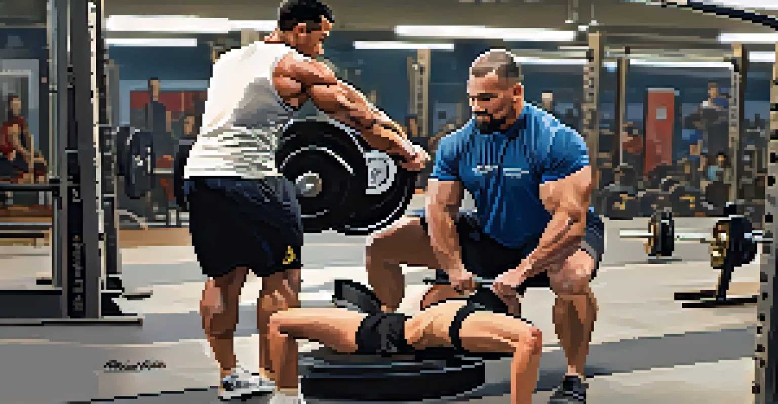 A seasoned powerlifting mentor teaching a newcomer proper lifting techniques in a supportive gym environment.