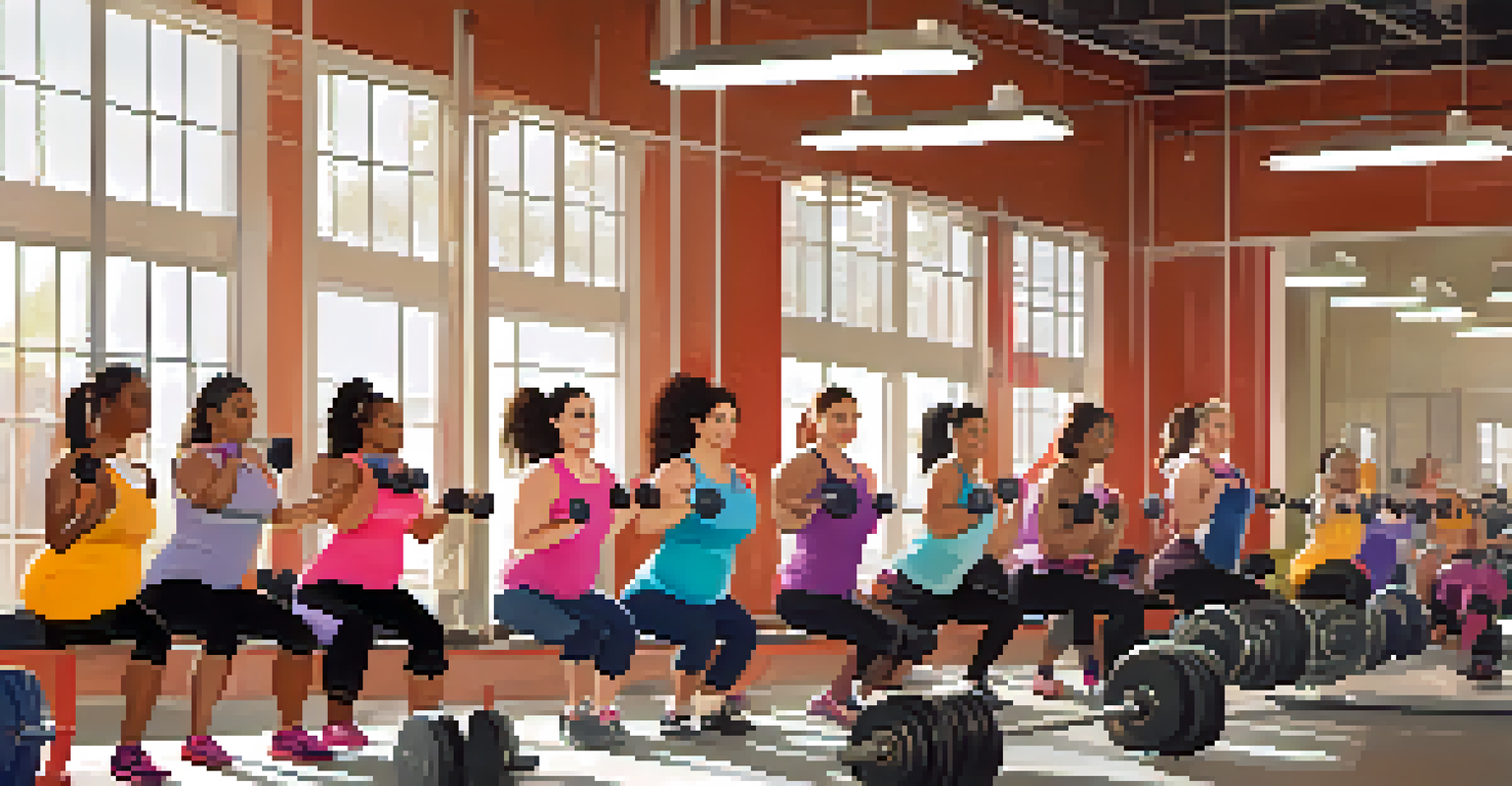A community of postpartum women working out together in a gym, sharing tips and encouragement while engaging in powerlifting exercises.