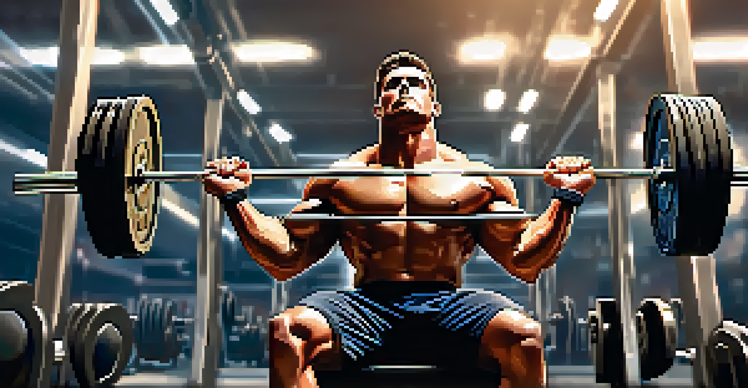 Close-up of a powerlifter gripping a barbell during a bench press, showcasing focus and determination.