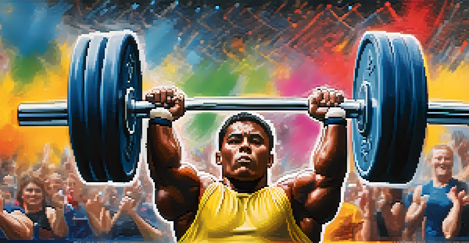 Close-up of a powerlifter's hands gripping a barbell, with chalk dust and a blurred background of cheering spectators.