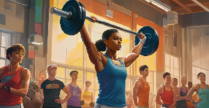 A non-binary athlete lifting weights with determination in a gym, surrounded by supportive teammates and motivational posters.