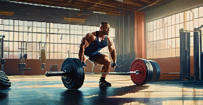 A powerlifter lifting weights in a gym with sunlight streaming through windows, showcasing determination and strength.