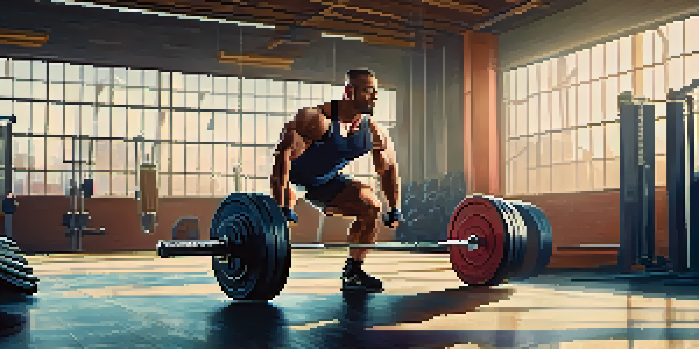 A powerlifter lifting weights in a gym with sunlight streaming through windows, showcasing determination and strength.