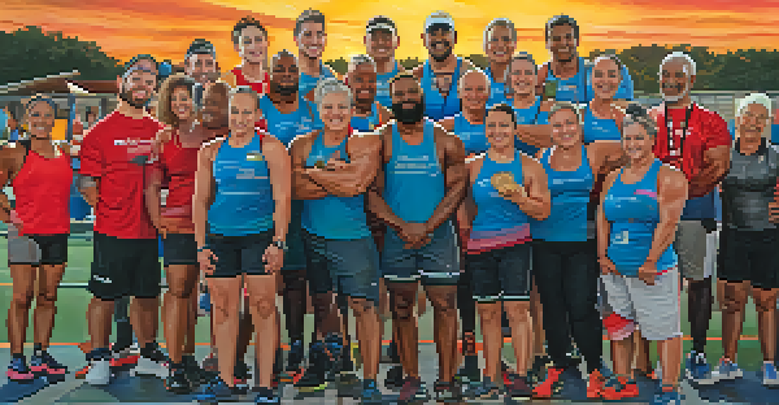 A diverse group of powerlifting athletes celebrating together outdoors after a competition, with medals and smiles.