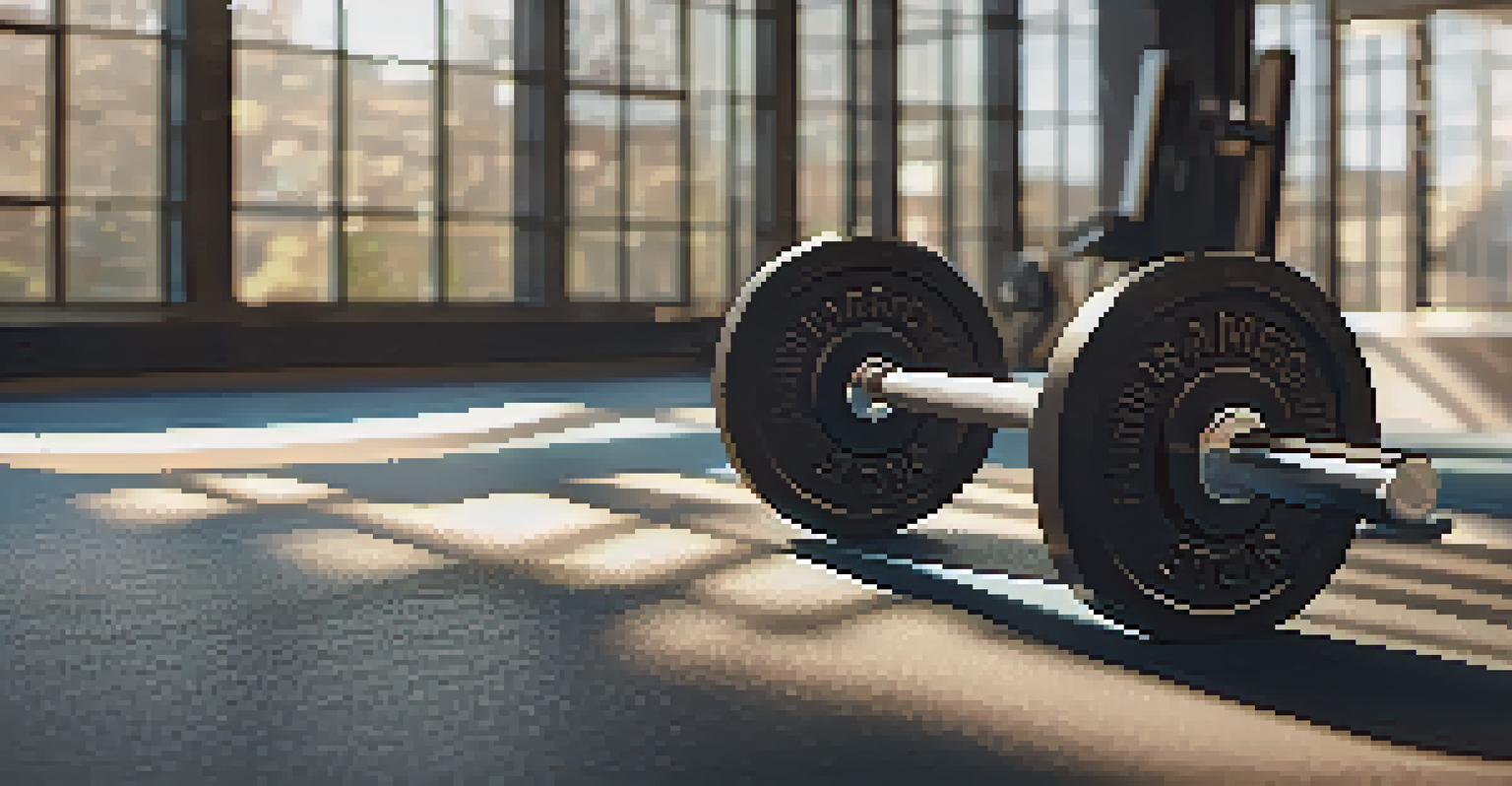 A close-up view of a cambered bar on a gym bench, with sunlight creating shadows on the floor and gym equipment in the background.